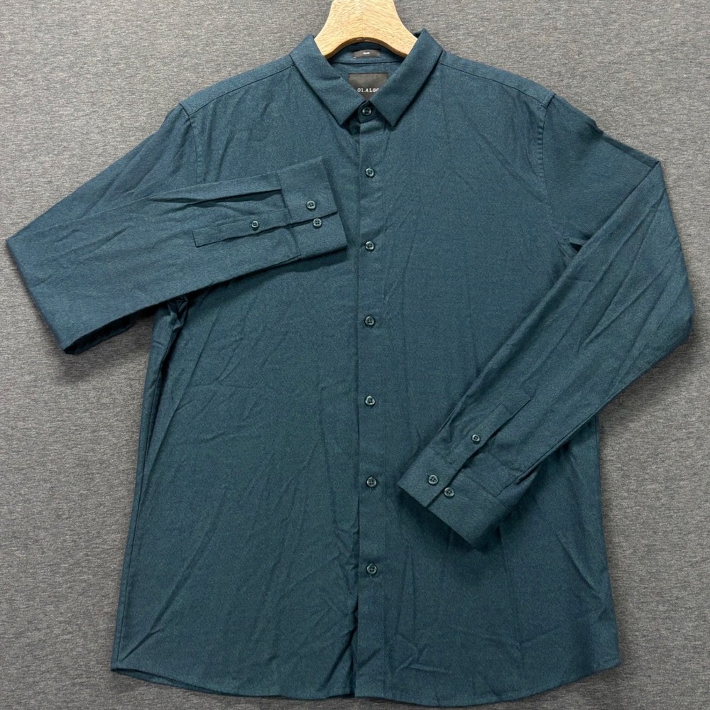 01.ALGO Shirt Mens L Slim Long Sleeve Button Up Green/blue 100% Cotton‎ Tailored